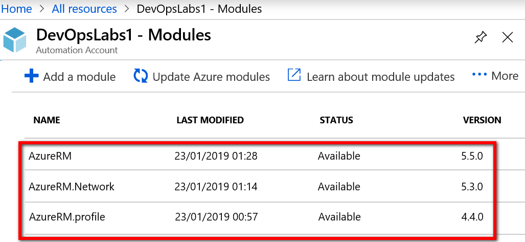 Screenshot of a list of resources that are contained within the DevOpsLabs1 Automation Account. The three previously described AzureRM-related are highlighted to illustrate how to check the version numbers of the relevant AzureRM modules.